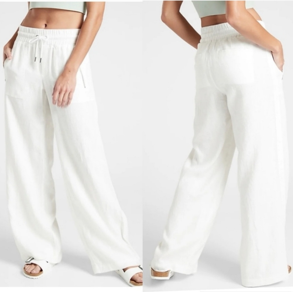 NWT Athleta White Wide-Leg Drawstring Linen Pants